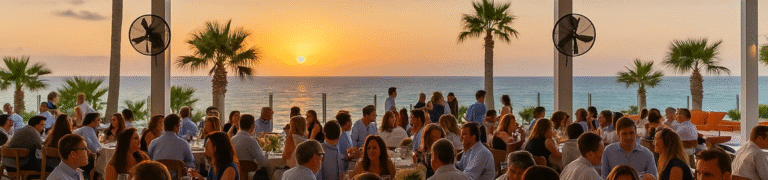 Sunset event at THEA Beach Venue with guests dining by the sea at Mackenzie Beach, Larnaca.