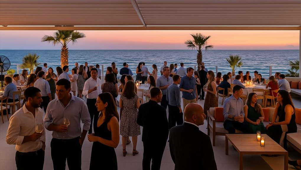 Elegant beachside event at sunset with guests enjoying drinks and dinner under a stylish canopy at THEA – Mackenzie Beach.